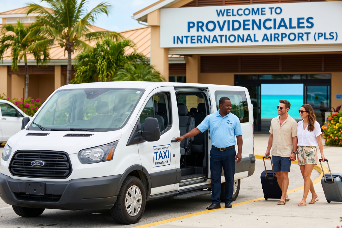 Providenciales airport taxi van parked in front of the Providenciales International Airport (PLS) terminal with a driver assisting a couple with their luggage.