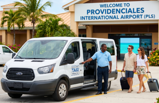 Providenciales airport taxi van parked in front of the Providenciales International Airport (PLS) terminal with a driver assisting a couple with their luggage.