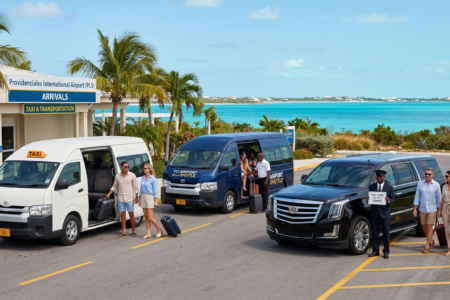 Three types of Turks and Caicos airport transfers at Providenciales International Airport including a white taxi van, a blue shared shuttle, and a black luxury private SUV with a driver.