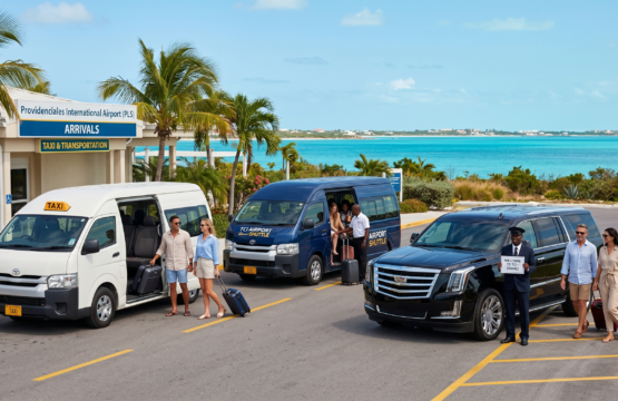 Three types of Turks and Caicos airport transfers at Providenciales International Airport including a white taxi van, a blue shared shuttle, and a black luxury private SUV with a driver.