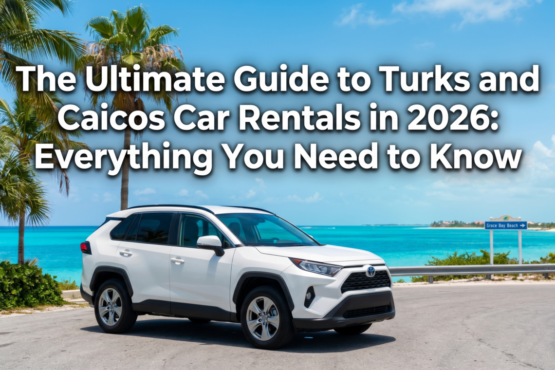 A white SUV rental car parked overlooking Grace Bay Beach in Providenciales, Turks and Caicos, featured in our ultimate 2026 driving guide.