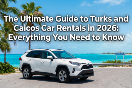 A white SUV rental car parked overlooking Grace Bay Beach in Providenciales, Turks and Caicos, featured in our ultimate 2026 driving guide.