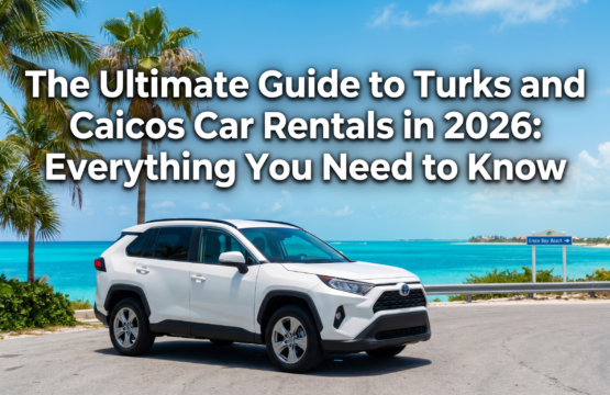 A white SUV rental car parked overlooking Grace Bay Beach in Providenciales, Turks and Caicos, featured in our ultimate 2026 driving guide.