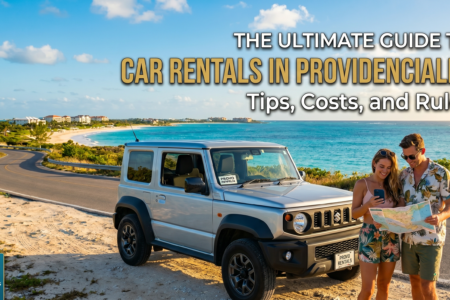 A couple looking at a map next to a silver 4x4 rental car parked along a scenic coastal road overlooking the turquoise waters of Providenciales, Turks and Caicos.