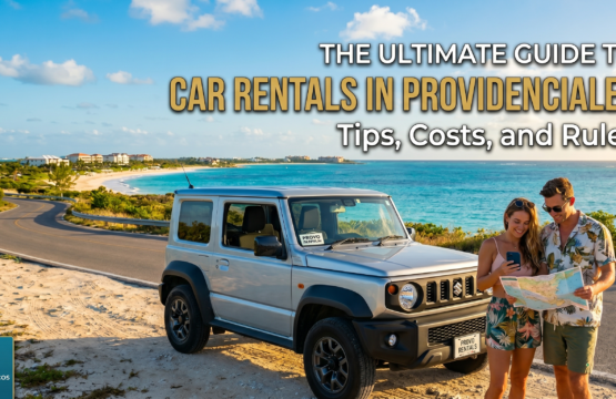A couple looking at a map next to a silver 4x4 rental car parked along a scenic coastal road overlooking the turquoise waters of Providenciales, Turks and Caicos.