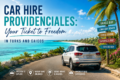 Car driving along a scenic coastal road in Providenciales, Turks and Caicos, with turquoise ocean views and signs pointing to Grace Bay, Long Bay Beach, Chalk Sound, Sapodilla Bay, and Taylor Bay.