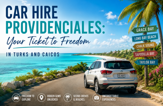 Car driving along a scenic coastal road in Providenciales, Turks and Caicos, with turquoise ocean views and signs pointing to Grace Bay, Long Bay Beach, Chalk Sound, Sapodilla Bay, and Taylor Bay.