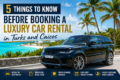 Luxury Car Rental in Turks and Caicos featuring a premium black SUV on a scenic coastal road with turquoise ocean views and palm trees, highlighting essential booking tips for travelers.