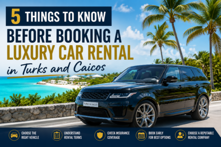 Luxury Car Rental in Turks and Caicos featuring a premium black SUV on a scenic coastal road with turquoise ocean views and palm trees, highlighting essential booking tips for travelers.