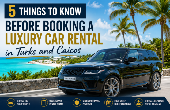 Luxury Car Rental in Turks and Caicos featuring a premium black SUV on a scenic coastal road with turquoise ocean views and palm trees, highlighting essential booking tips for travelers.