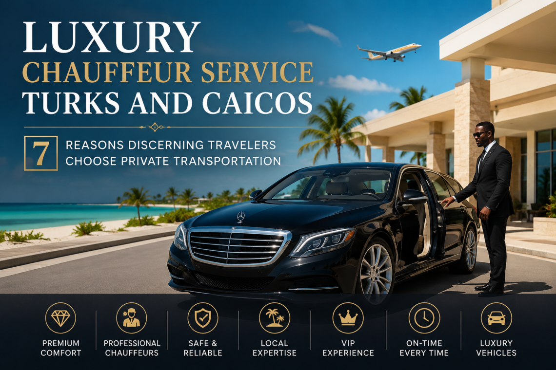 Luxury chauffeur service in Turks and Caicos featuring a professional chauffeur with a luxury sedan at a tropical airport resort for private VIP transportation.