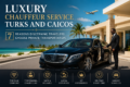 Luxury chauffeur service in Turks and Caicos featuring a professional chauffeur with a luxury sedan at a tropical airport resort for private VIP transportation.