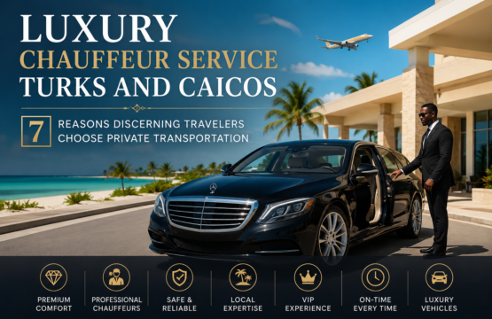 Luxury chauffeur service in Turks and Caicos featuring a professional chauffeur with a luxury sedan at a tropical airport resort for private VIP transportation.