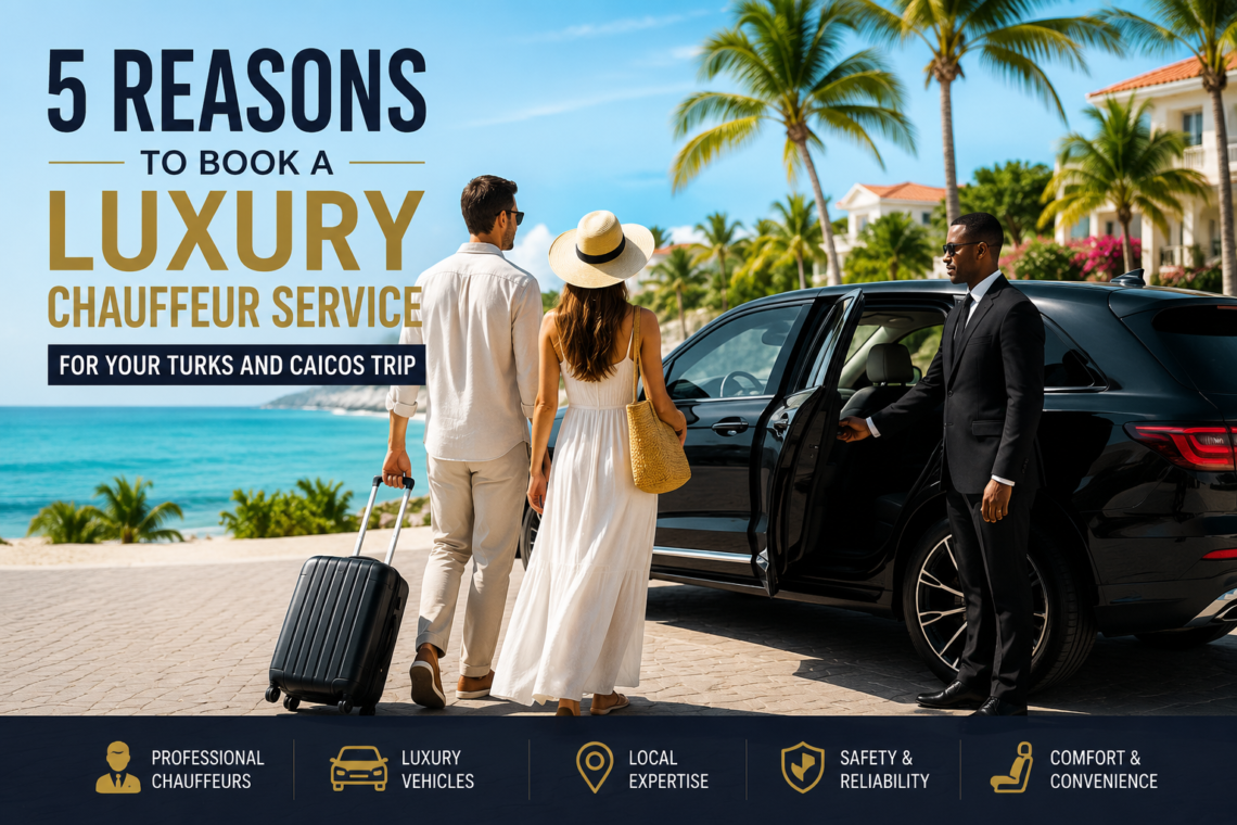 Luxury chauffeur service in Turks and Caicos with a professional chauffeur welcoming travelers beside a premium SUV near a tropical beach.