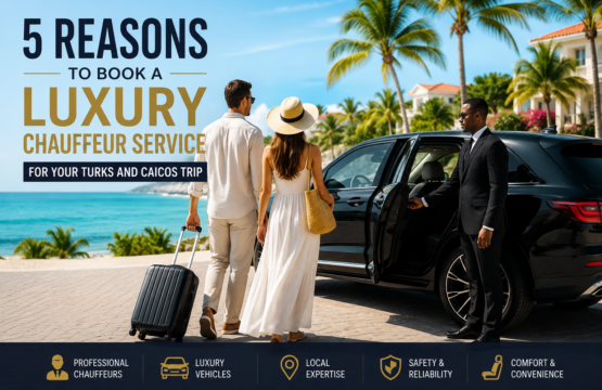 Luxury chauffeur service in Turks and Caicos with a professional chauffeur welcoming travelers beside a premium SUV near a tropical beach.