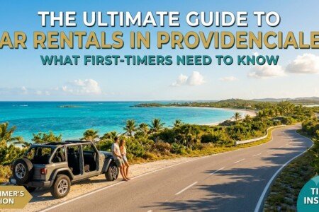 Couple leaning against an open-top Jeep parked on a winding coastal road in Providenciales, overlooking turquoise Caribbean waters.