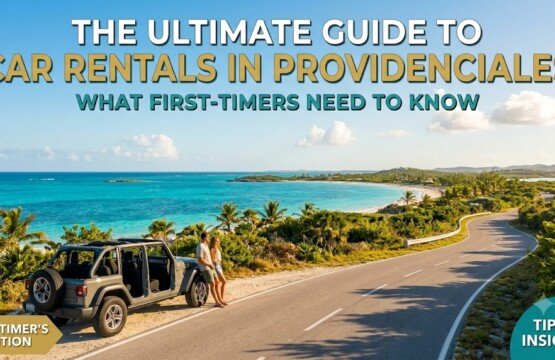 Couple leaning against an open-top Jeep parked on a winding coastal road in Providenciales, overlooking turquoise Caribbean waters.