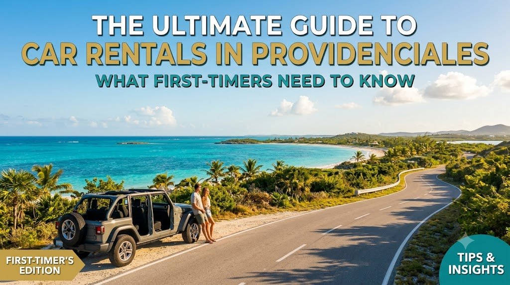 Couple leaning against an open-top Jeep parked on a winding coastal road in Providenciales, overlooking turquoise Caribbean waters.